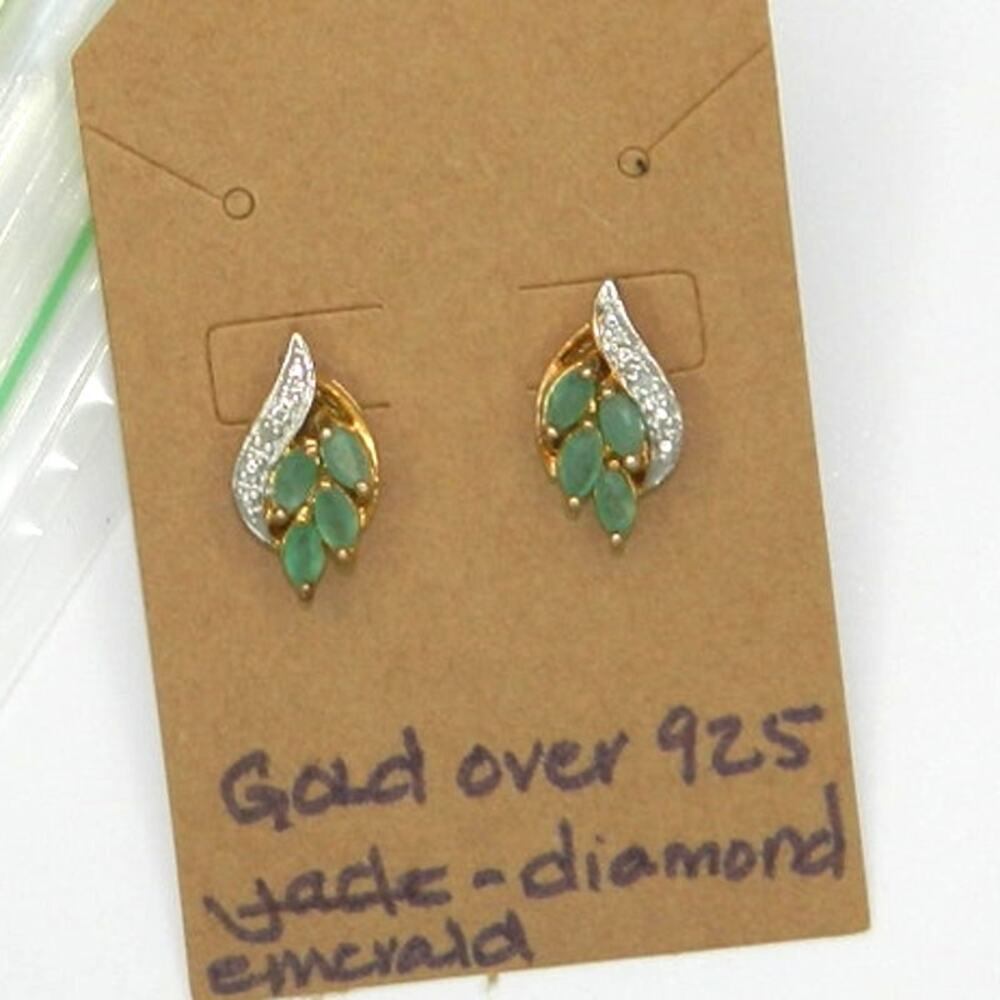 Jade colored Emerald Stones w/Illusion Diamond Setting Earrings